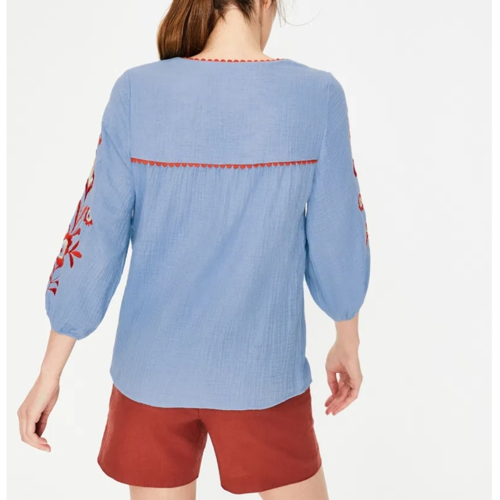 Boden Abigail Embroidered Blouse Top Gauze Floral Boho Blue Crinkle boho - Picture 2 of 11